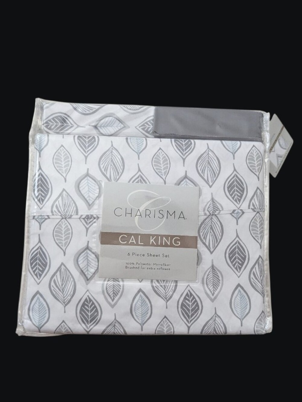 Charisma Microfiber Cal King 6- Piece Sheet Set Leaves Grey